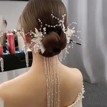 Gelin düğün beyaz gazlı bez headdress kristal firkete Küpe seti Kore düğün modelleme saç aksesuarları