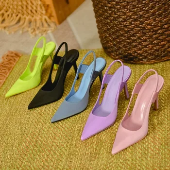 Şeker Renkler Kadınlar Yüksek Topuklu Pompalar Slingback Yaz Sandalet Sivri Burun Rahat Ince Topuklu Parti Düğün Gelin Ayakkabıları