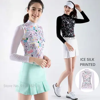 Aşk Golf Buz İpek Güneş Koruyucu Gömlek Kadın Uzun Kollu Baskılı Golf T-shirt Bayanlar İnce Soğutma Spor Üstleri Kuru Fit Yuvarlak Boyun Giyim