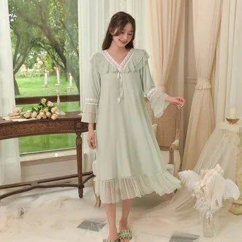 Tatlı Vintage Prenses Gazlı Bez Modal kadın Nightgowns Bahar Sonbahar Uzun Pijama Romantik Gelin Gevşek Elbise Ev Giyim