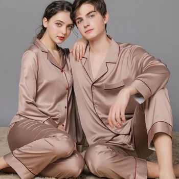 2022New İlkbahar ve Sonbahar İpek Çift Pijama kadın Sonbahar Buz İpek erkek Pijama Ev Giysileri Uzun Kollu Büyük Boy Takım Elbise