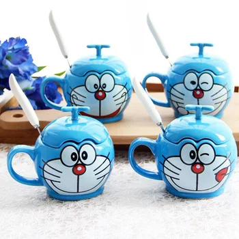 350ml Çift Seramik kapaklı kupa ve Kaşık Basit Karikatür Doraemon Kupa Kahve Fincanı Kahvaltı Çocuk doğum günü hediyesi Bardak