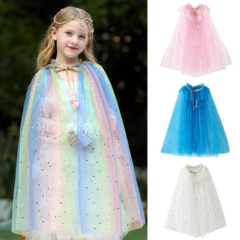 Cadılar bayramı Kostüm Kızlar Gökkuşağı Pullu Prenses Şal Renkli Tül Pelerin Pelerin Çocuk süslü elbise Up Manto Cosplay Çocuk Giysileri