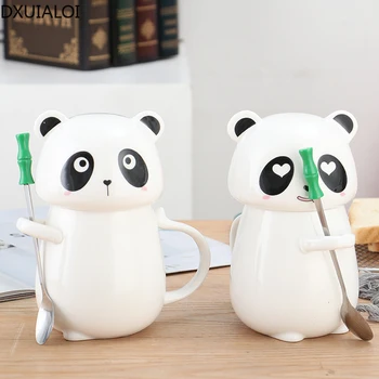 DXUIALOI Yaratıcı Sevimli Kupa Seramik Panda Büyük Kapasiteli Su Bardağı Ofis Ev Su kapaklı bardak Ve Kaşık çay bardağı