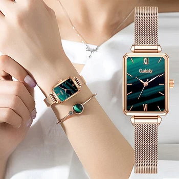 Gaiety Marka Kadın Saatler Moda Kare Bayanlar quartz saat bilezik Seti Yeşil Kadran Basit Gül Altın Örgü Lüks Kadın Saatler