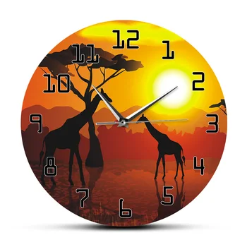 Yaban hayatı Zürafa Hayvan duvar sanat dekoru Saat Serengeti Afrika Günbatımı Görünümü Savannah Safari Kreş Duvar Asılı Timepiece İzle