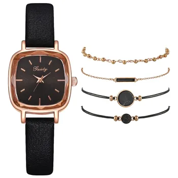 5 adet Set Gaiety Yeni Moda Kadınlar İzle Lüks Deri Band Analog Kuvars Saatler Bayanlar İzle Kadınlar Reloj Mujer Siyah Saat