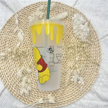 Winnie Pooh Kullanımlık Havalandırma Kişiselleştirilmiş Tasarımlar Fincan Karikatür Arı Plastik Saman Fincan Doğum Günü Hediyeleri Özelleştirilmiş Kahve su bardakları