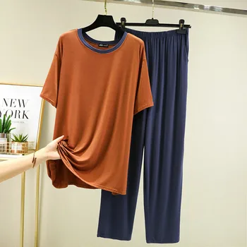 Yaz Pijama Seti Rahat Pijama Kadınlar İçin Elastik Kısa Kollu Gömlek Pijama kadın Basit Renk O-boyun Moda Giyim