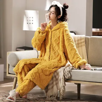 Mercan Kaşmir Pijama kadın 2022 Sonbahar ve Kış Yeni CuteThickened Elbise Sıcak Güzel Uzun Pazen Ev Takım Elbise Katı