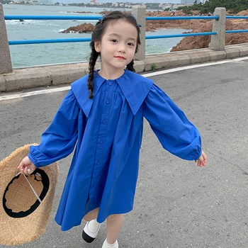 Bebek Kız Mavi Prenses Elbise Bahar Sonbahar Retro Kare Yaka Elbiseler 3-7 Yıl Çocuk Moda Giyim Tatlı Kız vestidos