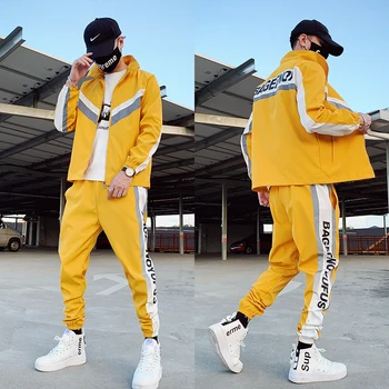 Erkek Eşofman Streetwear İki parçalı Set eşofman Polyester Tulum erkek Ceket ve harem pantolon 2023 Hip Hop Erkek Giyim
