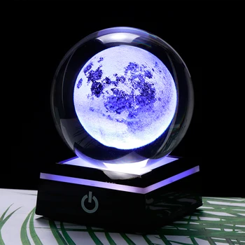 3D Ay Kristal Top LED Taban Lazer Kazınmış Cam Küre Ev Dekorasyon Kristal Zanaat Küre Süs 8 cm