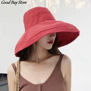 Kore Geniş Brim Panama Boy Kova Şapka Kadın Tuval Güneş Şapka Açık Plaj Kap Büyük UV Koruyun Katlanabilir Disket Chapeau