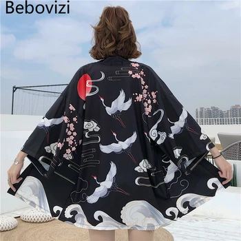 Bebovizi Japon Siyah Yukata Kimono Kemer Yaz Vinç Baskı Haori Harajuku Ceket Boho Yukata Kadın Kore Üst Giyim