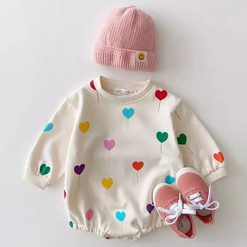 Yenidoğan Bebek Bebek Giysileri Kalp Balon Desen Baskılı Uzun Kollu Romper Bebek Yürüyor Boys Kız Tişörtü Tulumlar