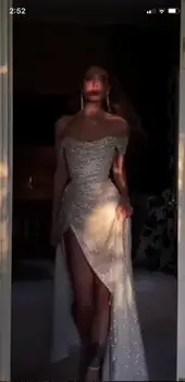 Verngo Glitter Bir Çizgi Kapalı Omuz balo kıyafetleri Yan Yarık Kat Uzunluk Uzun Abiye giyim Kadın Moda Resmi Elbise 2021