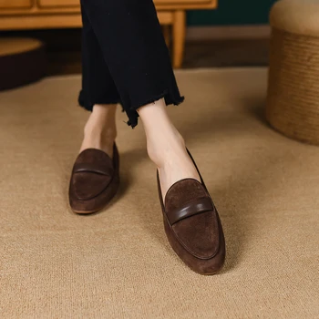 Kadın Flats Çocuk Süet düz ayakkabı Kadın Retro günlük mokasen Bahar Kayma Kore Tarzı Kadın basit ayakkabı Yuvarlak Ayak