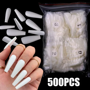 500 adet Tam Kapak Yanlış Nails İpuçları Yapay Basın Uzun Balerin Beyaz Doğal Şeffaf Akrilik takma tırnak Manikür Araçları