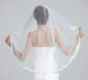Gelin Peçe Beyaz Fildişi Tarak ile Bir Katman Dantel Kenar Parmak Uzunluğu 27cm düğün veils Düğün aksesuarları Gelin Veu