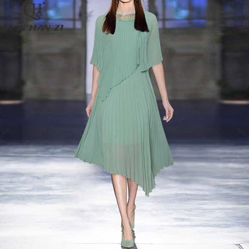 QHZ Yaz Tasarımcı Moda Yaz Pelerin Elbise kadınlar için vintage işlemeli Asimetrik pilili orta uzunlukta elbise
