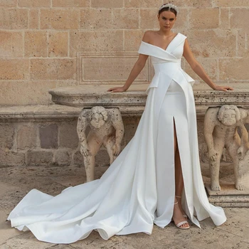 Basit A-Line Saten düğün elbisesi Kapalı Omuz Yüksek Yarık Sweep Tren gelinlikler Kadınlar İçin Custom Made Vestido De Novia