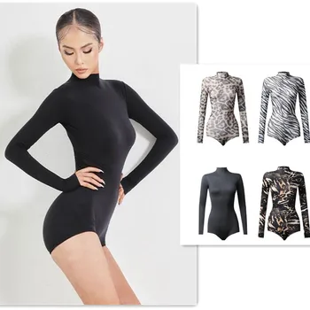 siyah Latin bodysuit latin üst Kadın Yetişkin Kostüm Latin Dans elbise bluz leopar zebra baskı 2071