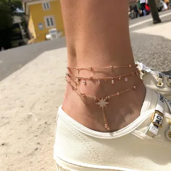 Moda Basit Kristal Yıldız Halhal Kadın Bohemian Vintage Ayakkabı Bacak Bilezik Kadın Çok katmanlı ayak takısı Plaj Aksesuarları