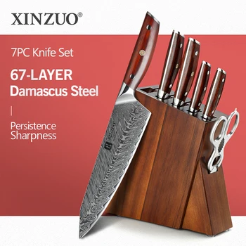 XINZUO 7 ADET Mutfak Bıçakları Seti 60±2 HRC Şam Çelik Gülağacı Saplı Makas Akasya Ahşap Profesyonel bıçak blok seti