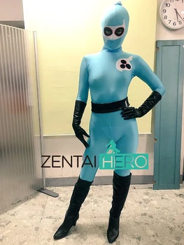 Özel Yapılmış Seksi Mavi Likra Gigalady kadın Bodysuit Zentai Catsuit Oyunu Film süslü elbise Zentai Leotard Hood Çıkarılabilir