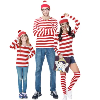 Ebeveyn-çocuk Nerede Wally Kostüm Waldo Kitap Haftası süslü elbise Kıyafet Şerit Gömlek Şapka Gözlük Seti