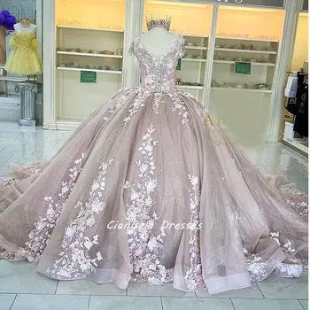 Gül Altın El Yapımı Çiçek Kristal Quinceanera elbise Balo Kapalı Omuz Aplikler Dantel Vestidos De 15 Años