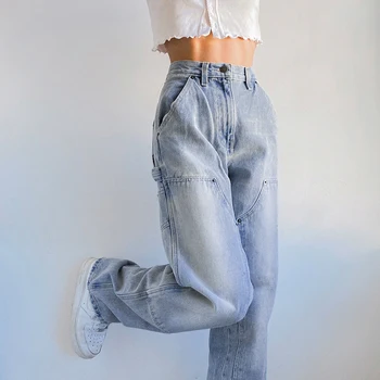 Yüksek Bel Kot Kadın düz pantolon Anne Baggy Cepler Patchwork Uzun Pantolon Kadın Streetwear Casual Kore