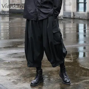 Vintege Kargo pantolon Erkekler Japon Streetwear Siyah Tulum Yeni Kırpılmış Geniş Bacak Düz Rahat Pantolon Yüksek Sokak Erkek Giyim