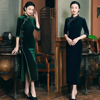 2022 Kadife Cheongsam Sonbahar ve Kış Yeni Retro Geliştirilmiş Çince Geleneksel Elbiseler Qipao Tang Takım Elbise Uzun Kollu Gece Elbisesi