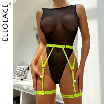 Ellolace Şeffaf Dantel Bodysuits Tek Parça Crotchless İç Çamaşırı Bodycon Kolsuz Çıplak Seksi Kostüm Şeffaf Üst Jartiyer