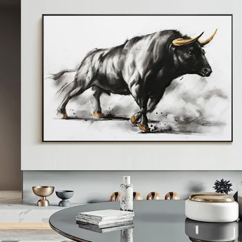 Siyah Boğa Boyama Boğa Güreşi Tuval Sanat Boyama Hayvanlar Posterler ve Baskılar İskandinav Cuadros Duvar Sanatı Oturma Odası için