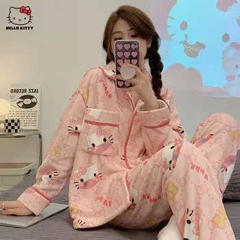 2022 Yeni Hello Kitty Pijama Sanrio Kuromi Kış Pazen Uzun Kollu Hırka Karikatür Kt Kedi Mercan Polar Gecelik Takım Elbise Hediye