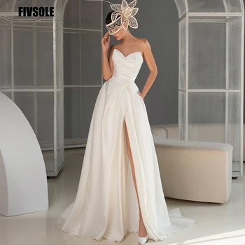 Fivsole Beyaz Sevgiliye Bir Çizgi Uzun Gelinlik 2022 Yüksek Yan Yarık Saten Gelin Gelin Parti Törenlerinde Prenses Elbiseler Vestidos