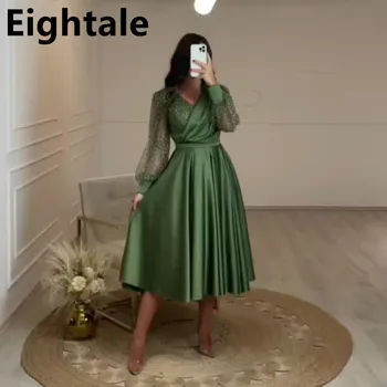 Eightale Ordu Yeşil çay Boyu Glitter Uzun Puf Kollu Arapça Akşam Elbise Düğün İçin 2022 Kısa Kadın Resmi Parti Kıyafeti