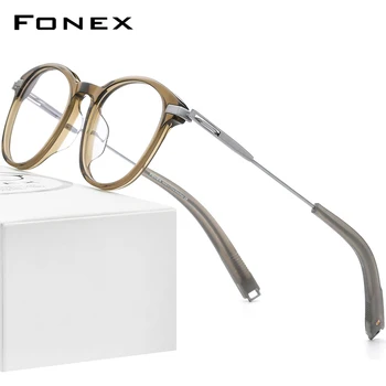 FONEX Asetat Titanyum Gözlük Çerçevesi Erkekler 2022 Yeni Retro Vintage Yuvarlak Reçete Gözlük Optik Gözlük Gözlük F85704