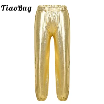 TiaoBug Çocuk Kız Parlak Metalik Elastik Yüksek Bel Pantolon Giyim Çocuk Sahne Performansı Hiphop Caz dans kostümü Pantolon