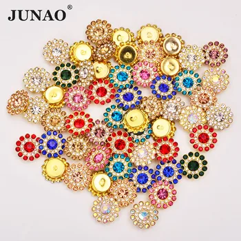 JUNAO 14mm 50 adet Mix Renk Dikmek Çiçek Rhinestones Cam Strass Aplike Altın Pençe Yuvarlak Kristal Dikiş Taşlar Elbise Zanaat