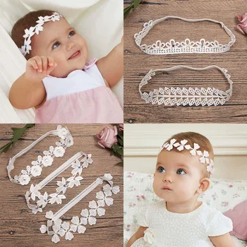 Kore Tarzı Bebek Beyaz Dantel Bantlar yapay elmas taç Çiçek Prenses Hollow Out saç aksesuarları Yenidoğan Fotoğraf Kız için