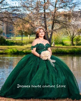 Romantik Yeşil Kapalı Omuz Dantel Quinceanera Elbise Tül Balo Kristal 15 16 Yaşında Prenses Abiye Custom Made
