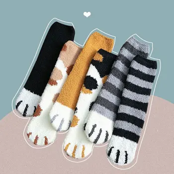Sonbahar Ve Kış Kedi Pençeleri Peluş Mercan Kadife Polar Çorap Kalın Sıcak Uyku Kat Çorap Gecelik Kadın Tüp Çorap Kızlar