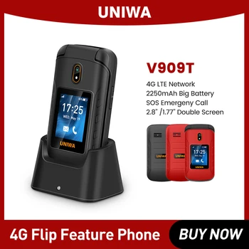 UNIWA V909T 4G Flip Telefon FM Radyo Rusça İbranice Klavye Kapaklı Telefon Büyük Basma Düğmesi Çift Ekranlı Cep Telefonu Yaşlı insanlar İçin