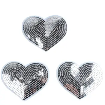 10 adet Büyük Gümüş Kalp Yama DIY Glitter Payetli Yamalar Demir On Çıkartmalar Dikiş Kot Sırt Çantası Mont Kumaş Aplikler