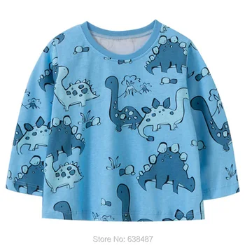 100 % Örme pamuklu uzun kollu tişört Çocuk Bebe Erkek Çocuk T-Shirt Dinozor Mavi Tee Üstleri t shirt İç Çamaşırı Rahat Erkek Bebek Giysileri
