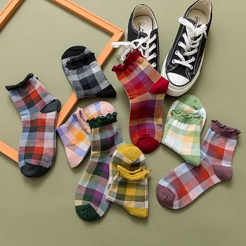 Moda Ekose Ruffles Kadın Çorap Pamuk Renk Eşleştirme Kore Versiyonu Calcetines Mujer Rahat Bahar Sonbahar Çorap Kadın 30703